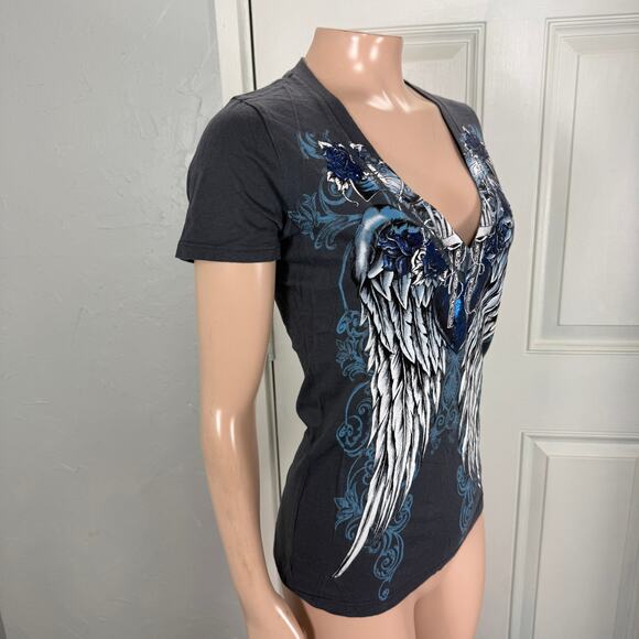 Vintage y2K Brad Butter Shirt Medium Biker Wings Cotton T-shirt S/S Floral X4-10 - Picture 5 of 7